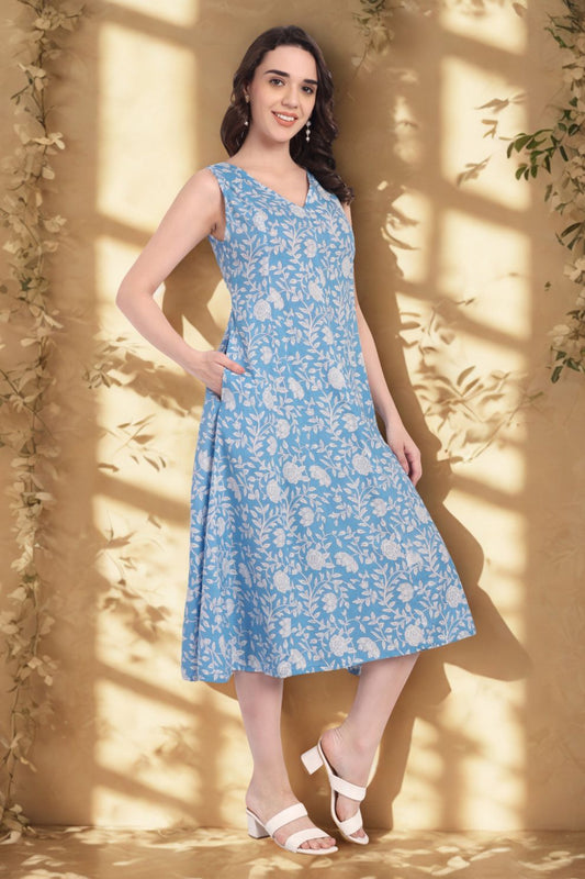 Floral A-Line Dress – Blue Cotton Cambric