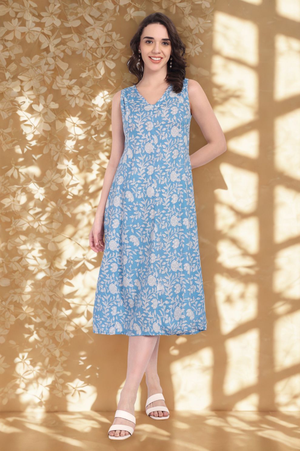 Floral A-Line Dress β Blue Cotton Cambric