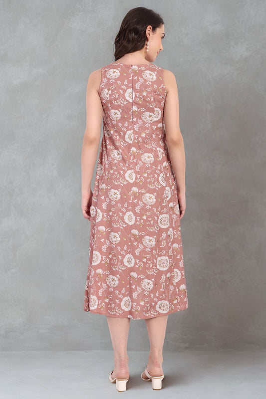 Floral A-Line Dress for Women | Brown Cotton Dress Online | Shaba Online