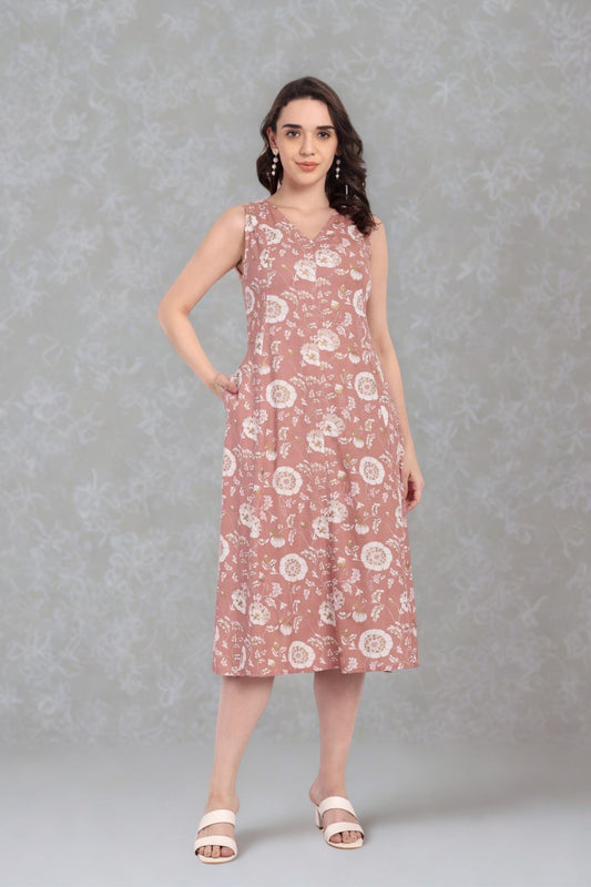 Floral A-Line Dress – Brown Cotton Cambric