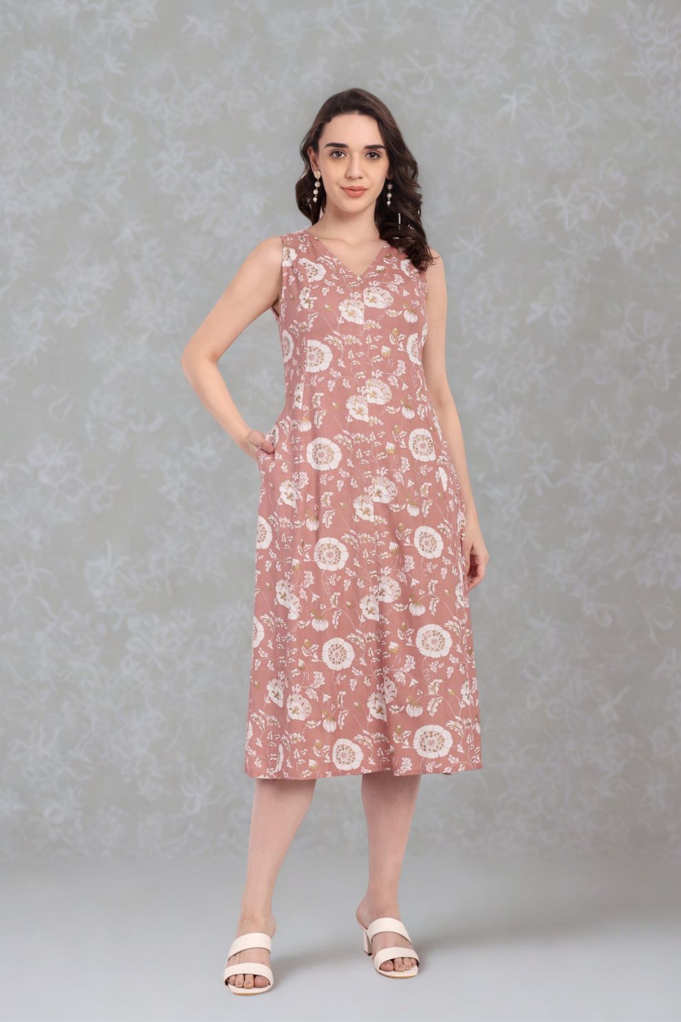 Floral A-Line Dress for Women | Brown Cotton Dress Online | Shaba Online