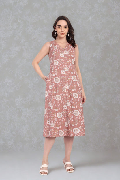 Floral A-Line Dress for Women | Brown Cotton Dress Online | Shaba Online