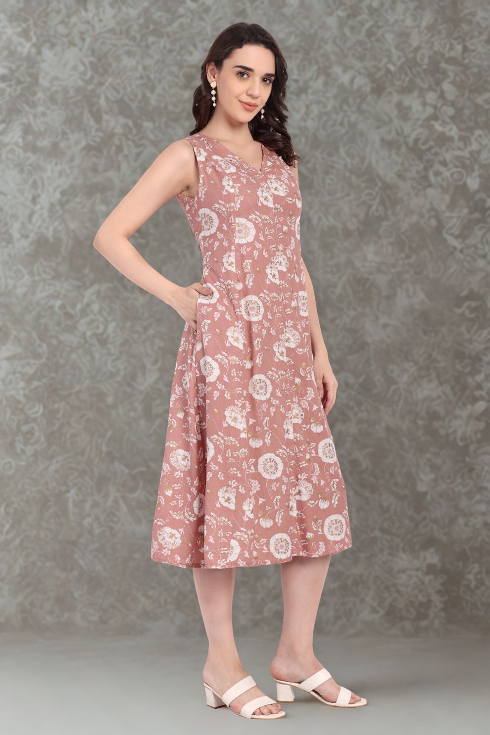 Floral A-Line Dress for Women | Brown Cotton Dress Online | Shaba Online