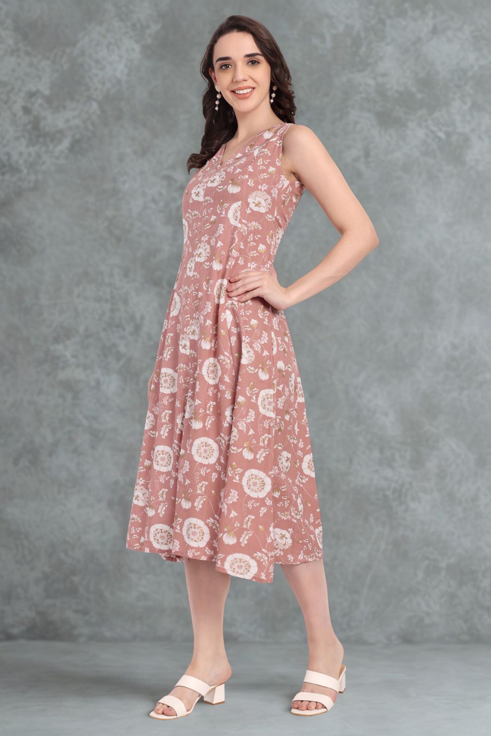 Floral A-Line Dress for Women | Brown Cotton Dress Online | Shaba Online